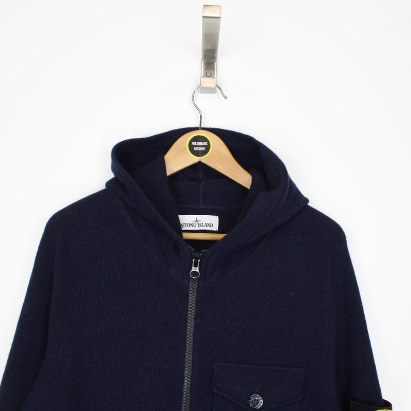 Stone Island AW 2019 Navy Blue Wool Knit Full Zip Hoodie Jumper