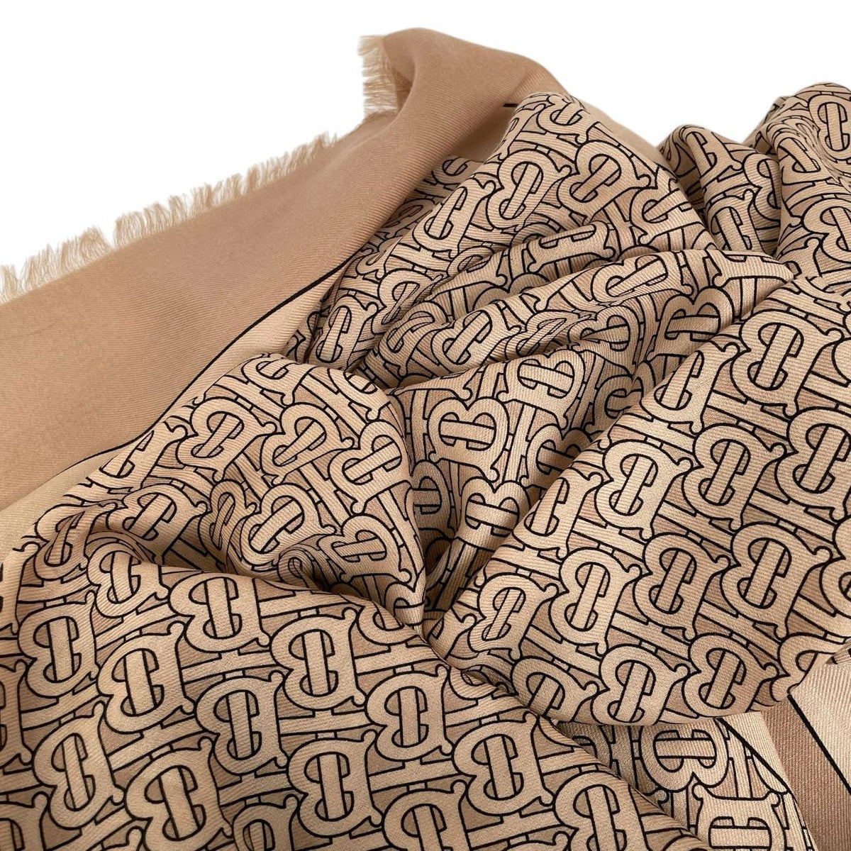 Burberry cashmere shawl scarf tan brown and beige TB monogram pattern.