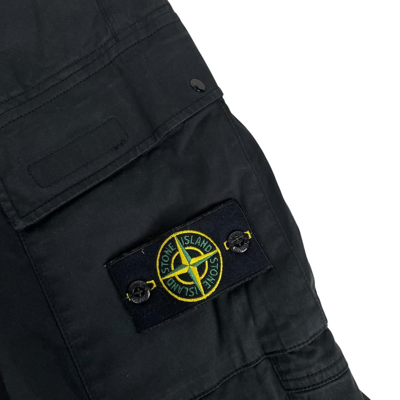 Stone Island black cargo trousers with logo patch and RE-T Fit design.