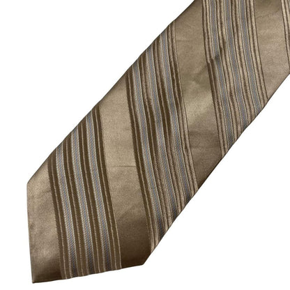 DKNY gold silk tie with vertical stripes and logo detail.