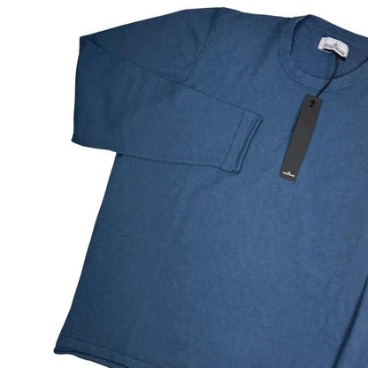 Stone Island blue organic cotton knit jumper with logo patch and ribbed detailing.