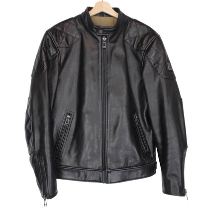 Belstaff black leather jacket with full zip and classic logo detailing.