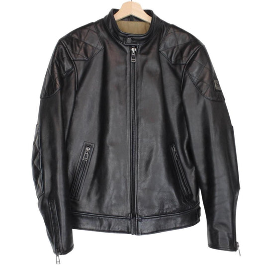 Belstaff black leather jacket with full zip and classic logo detailing.