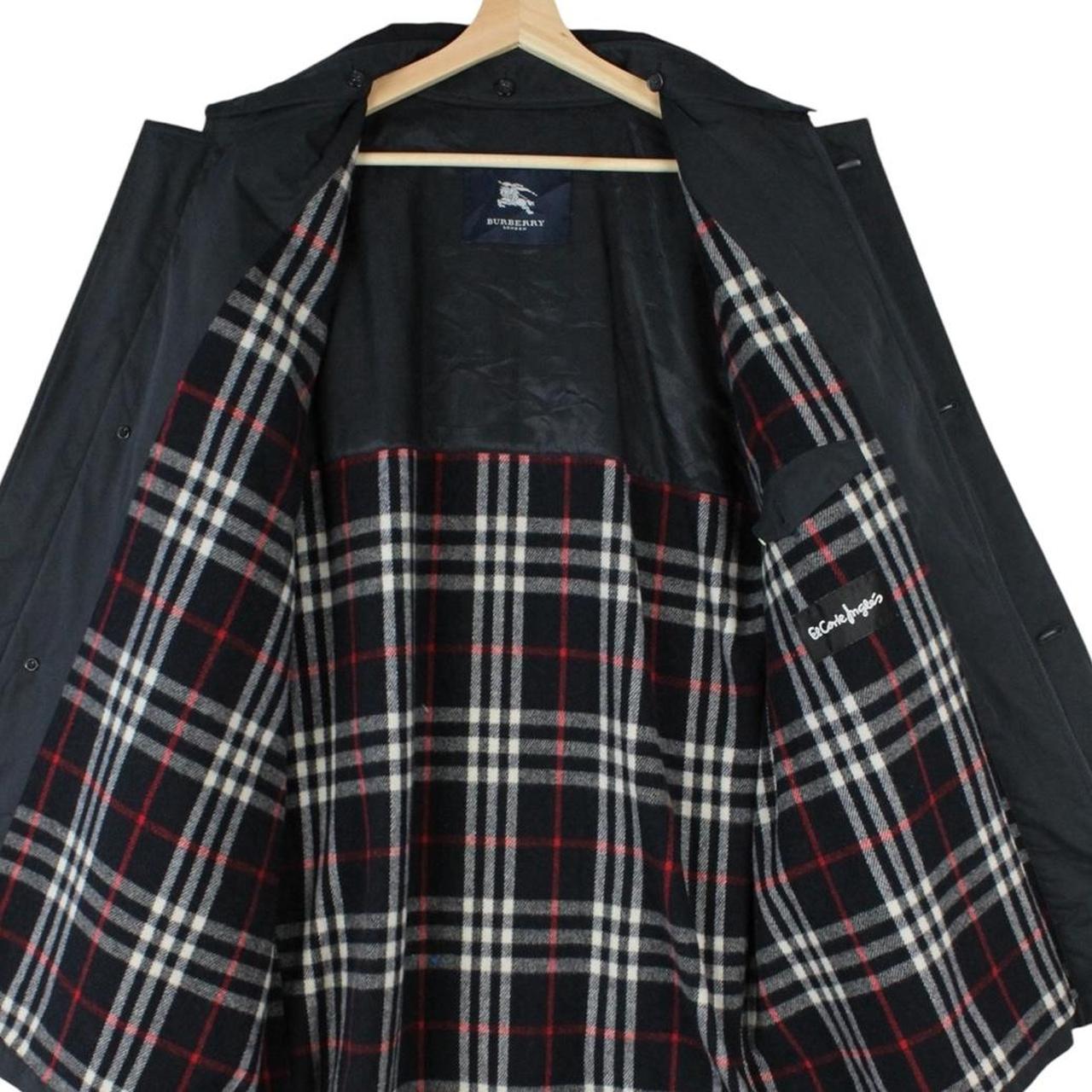 Burberry navy blue wool coat with Nova Check lining and logo detail.