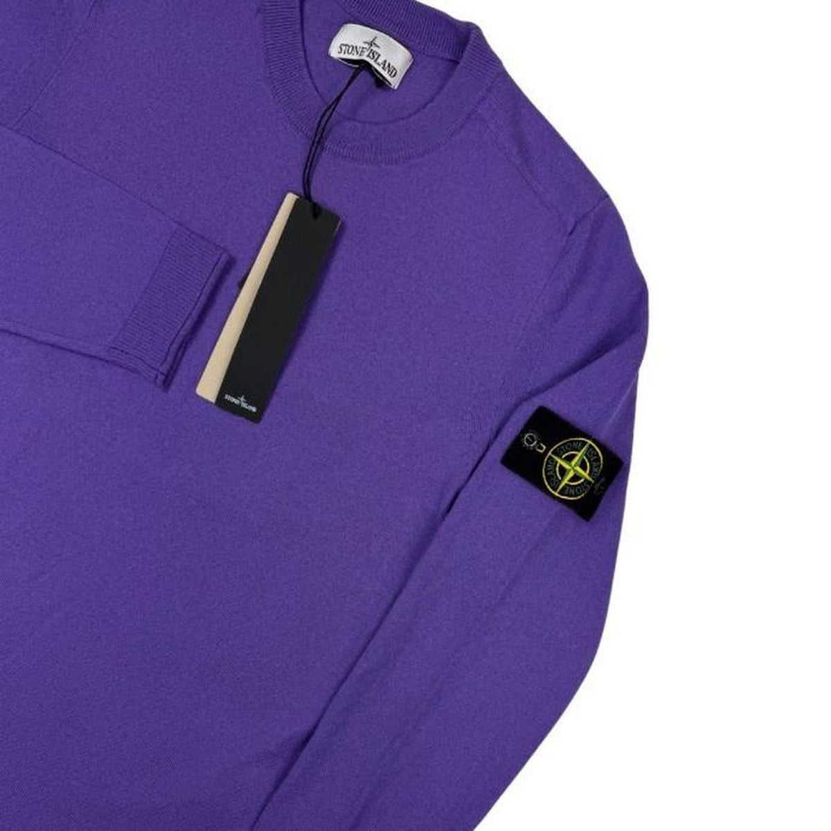 Stone Island purple knit jumper made from organic cotton with logo patch detail.