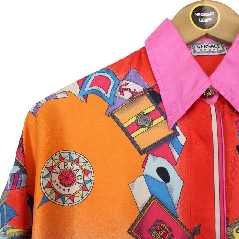 Vintage 90s Versace Sport Multicoloured Long Sleeve Ship Print Silk Shirt