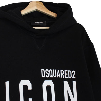 Dsquared2 black hoodie with white logo print and minor wear details.