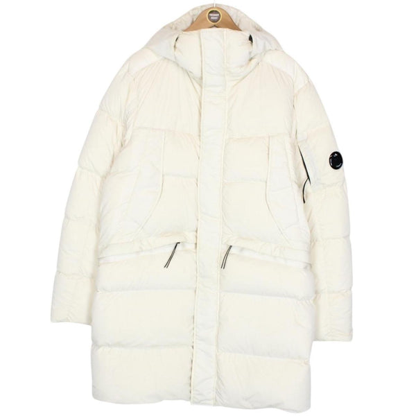 CP Company Cream Nycra-R Full Zip Lens Down Hooded Puffer Coat