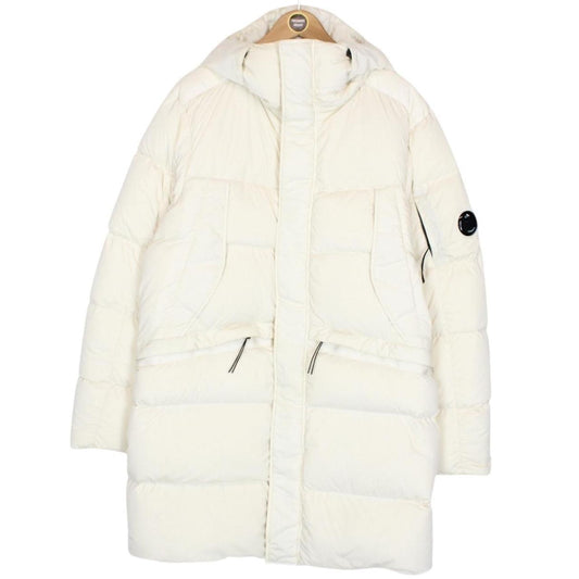 CP Company Cream Nycra-R Full Zip Lens Down Hooded Puffer Coat