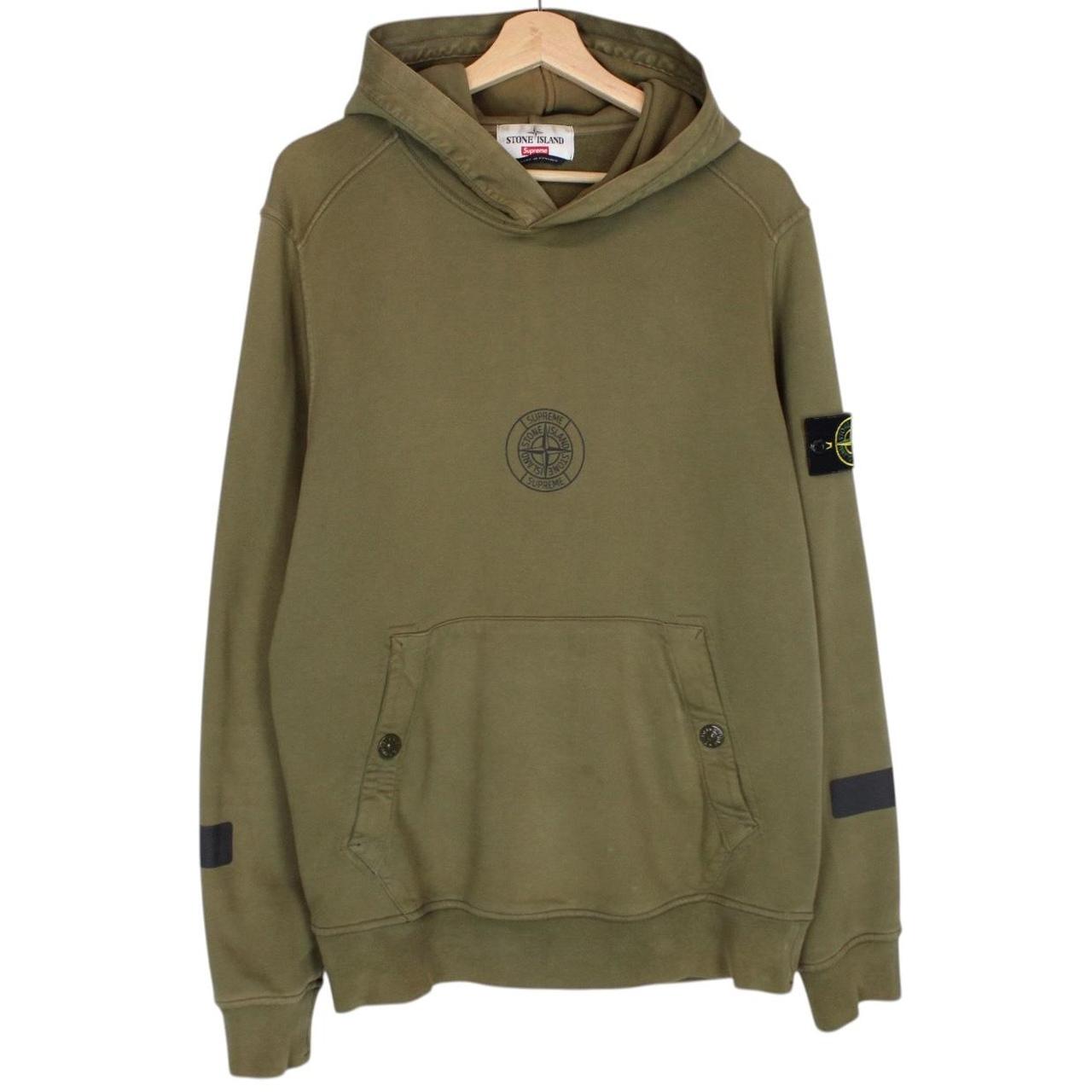 Stone Island x Supreme AW 2017 Olive Green Logo Print Hoodie Jumper