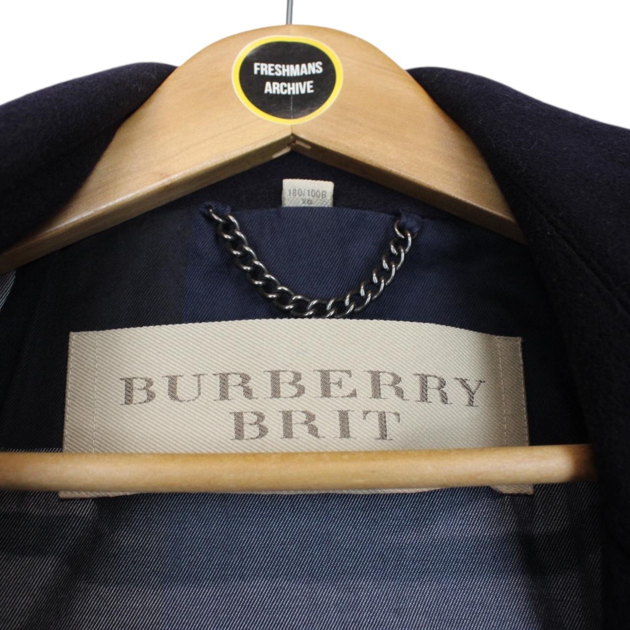 Burberry Brit Navy Blue Button Up Nova Check Lined Wool Jacket