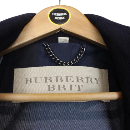 Burberry Brit Navy Blue Button Up Nova Check Lined Wool Jacket