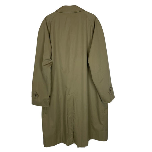 Burberry khaki green trench coat featuring classic Nova Check pattern and single breasted design.