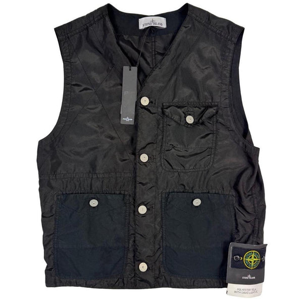 Stone Island black vest jacket, lightweight polyester, logo patch on chest.