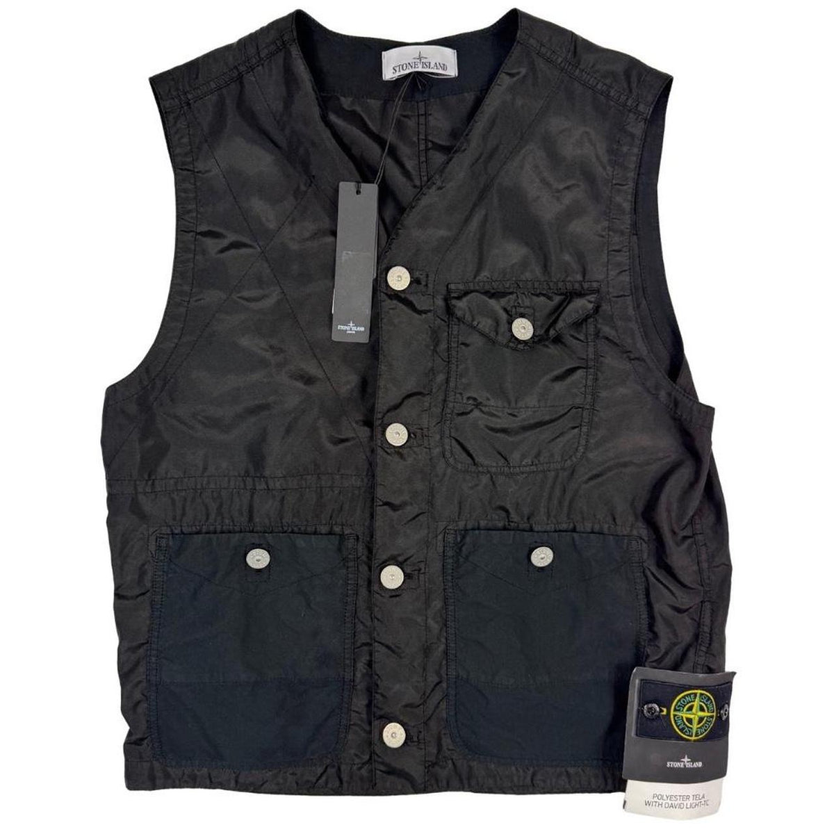 Stone Island black vest jacket, lightweight polyester, logo patch on chest.