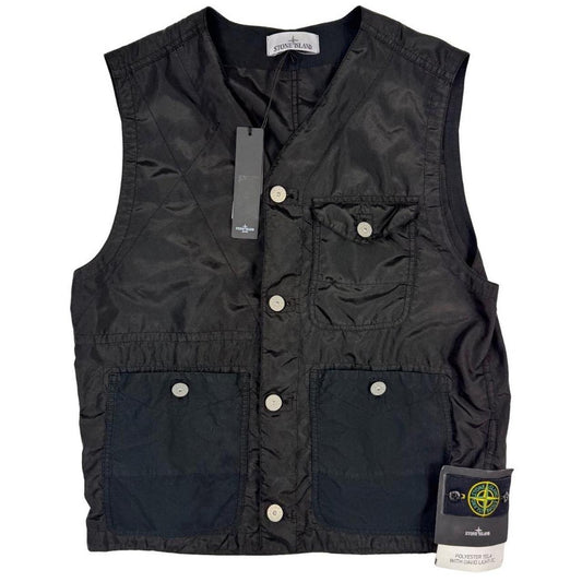 Stone Island black vest jacket, lightweight polyester, logo patch on chest.