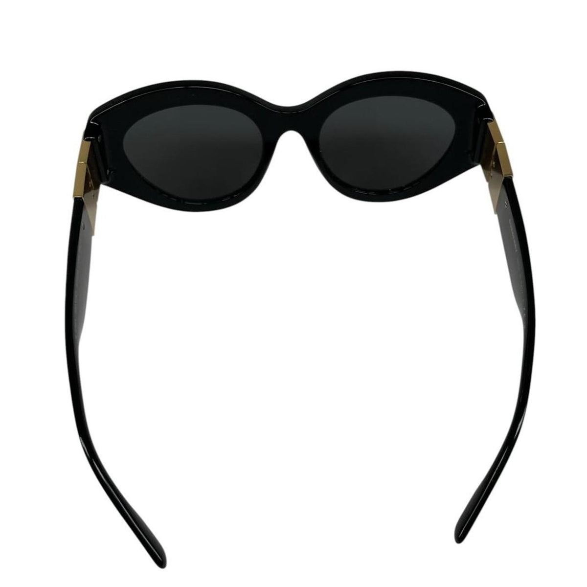 Burberry cat eye sunglasses black and gold with logo detail and case.