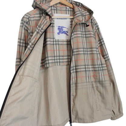 Burberry beige windbreaker jacket with Nova Check pattern and full zip hood.