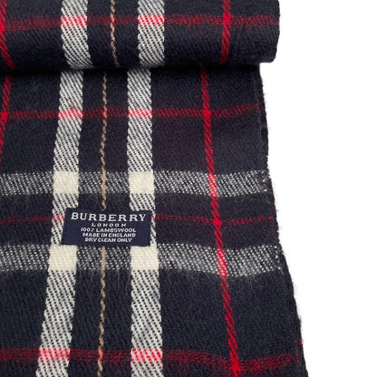 Vintage 90s Burberry Navy Blue Check Lambswool Scarf
