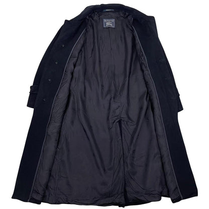 Vintage 90s Burberry Navy Blue Belted Wool Overcoat