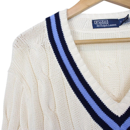 Polo Ralph Lauren Cream and Blue The Iconic Cricket Cotton Cable Knit Jumper
