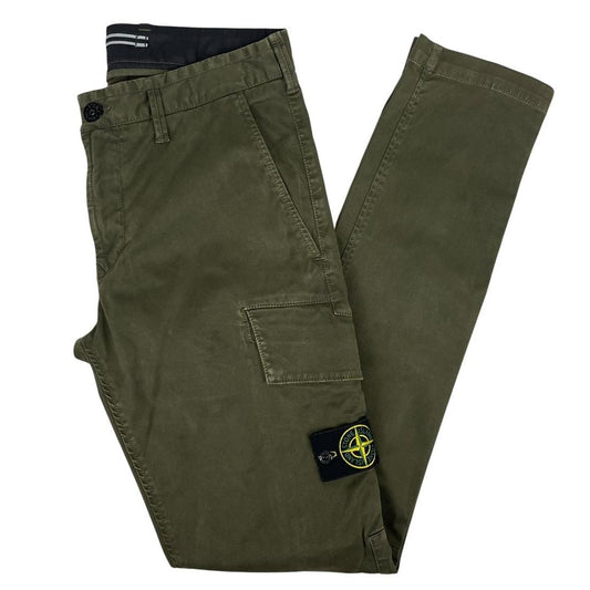 Stone Island khaki green skinny fit cargo trousers with logo patch and pockets.