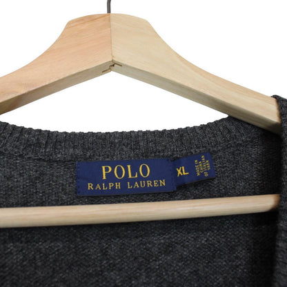 Polo Ralph Lauren grey lambswool knit v-neck jumper with embroidered logo.