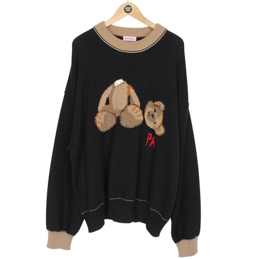 Palm Angels Black and Tan Intarsia Wool Knit Bear Jumper