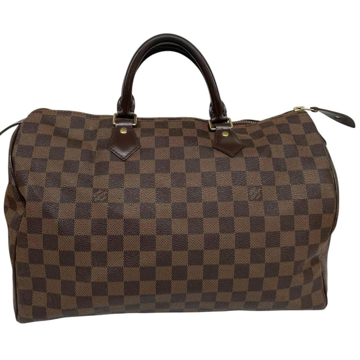 Louis Vuitton brown Damier Ebene canvas Speedy 35 bag with logo and gold-tone hardware.