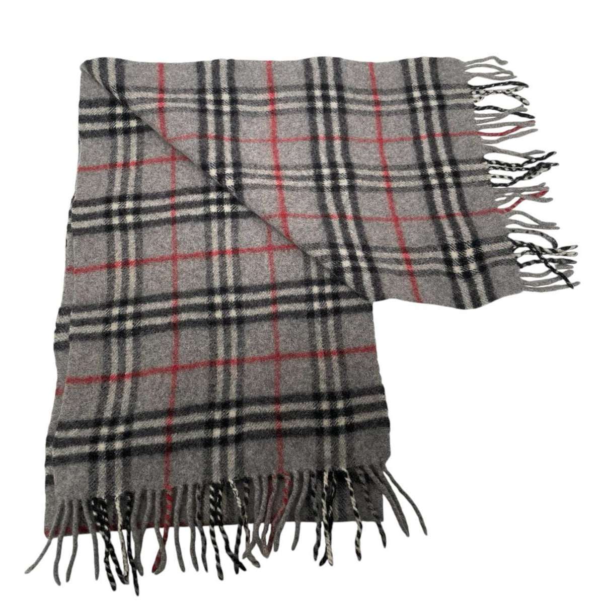Burberry grey lambswool scarf featuring classic Nova Check pattern and logo.