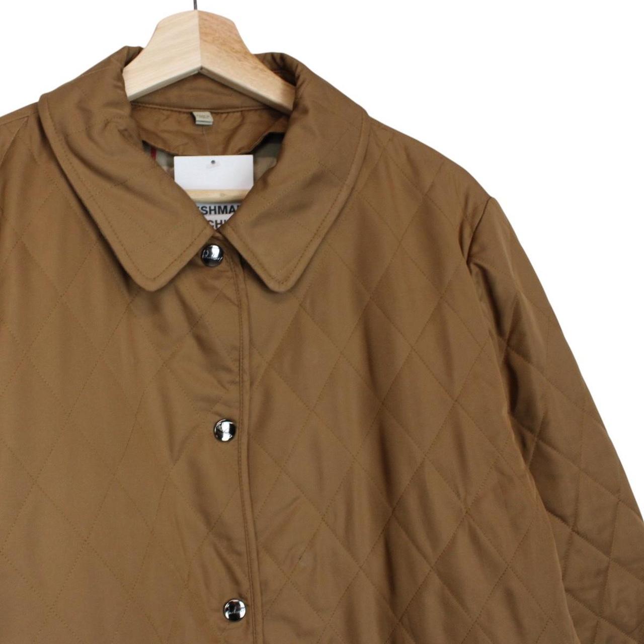 Burberry tan brown diamond quilted jacket with Nova Check lining and logo detail.