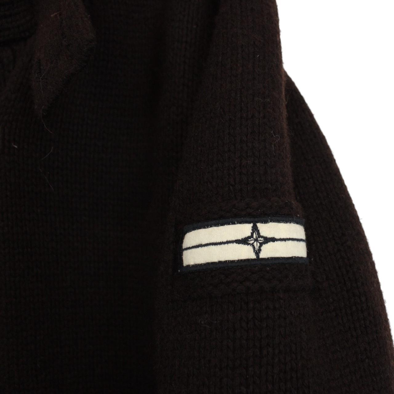 Stone Island brown knit duffle coat with logo patch and wool blend material.
