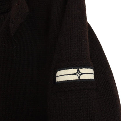 Stone Island brown knit duffle coat with logo patch and wool blend material.