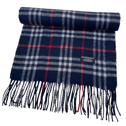 Vintage 90s Burberry Navy Blue Nova Check Lambswool Scarf