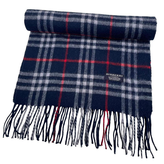 Vintage 90s Burberry Navy Blue Nova Check Lambswool Scarf