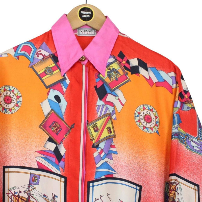 Vintage 90s Versace Sport Multicoloured Long Sleeve Ship Print Silk Shirt