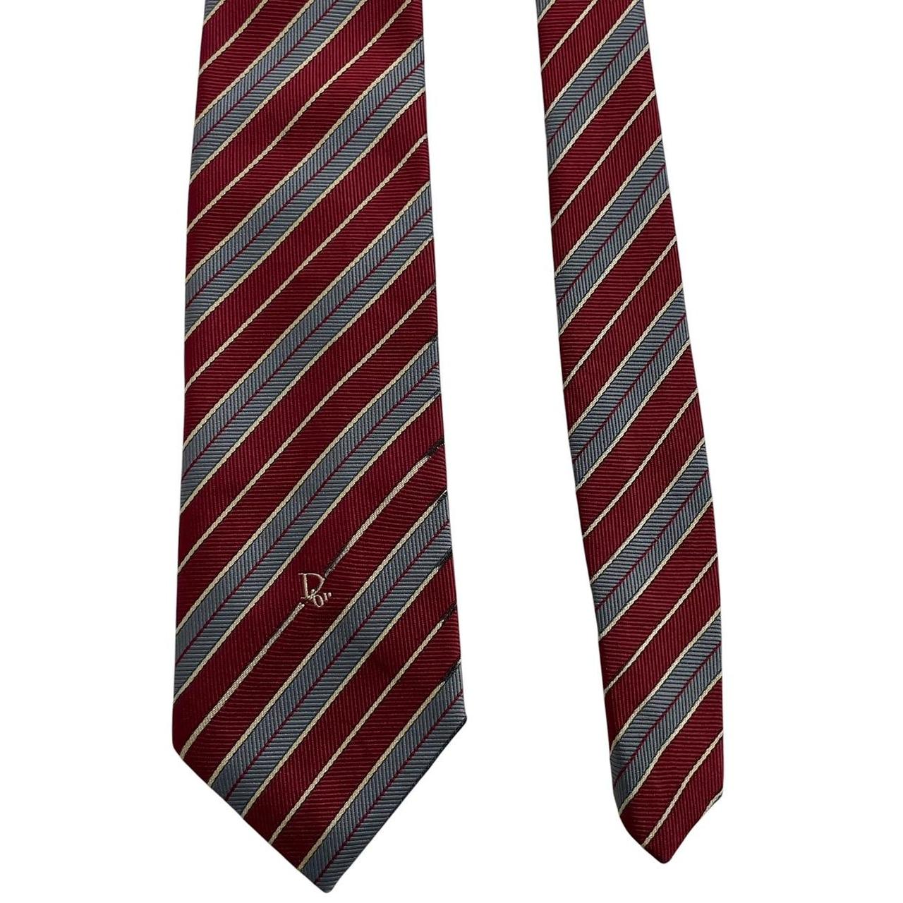Christian Dior burgundy and grey striped tie in silk and polyester blend.