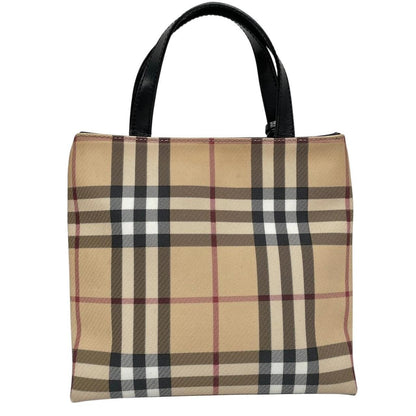 Burberry beige mini tote bag with Nova Check pattern and leather accents.