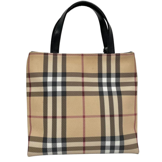 Burberry beige mini tote bag with Nova Check pattern and leather accents.