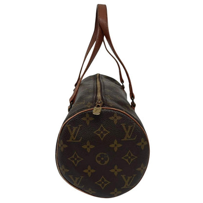 Louis Vuitton duffel bag brown and tan monogram canvas with logo pattern and wear.