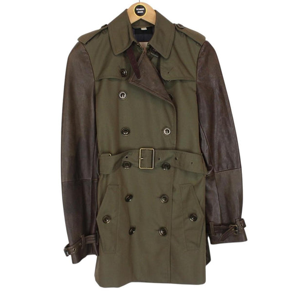 Burberry Brit Khaki Green Double Breasted Belted Leather Sleeve Trench Coat