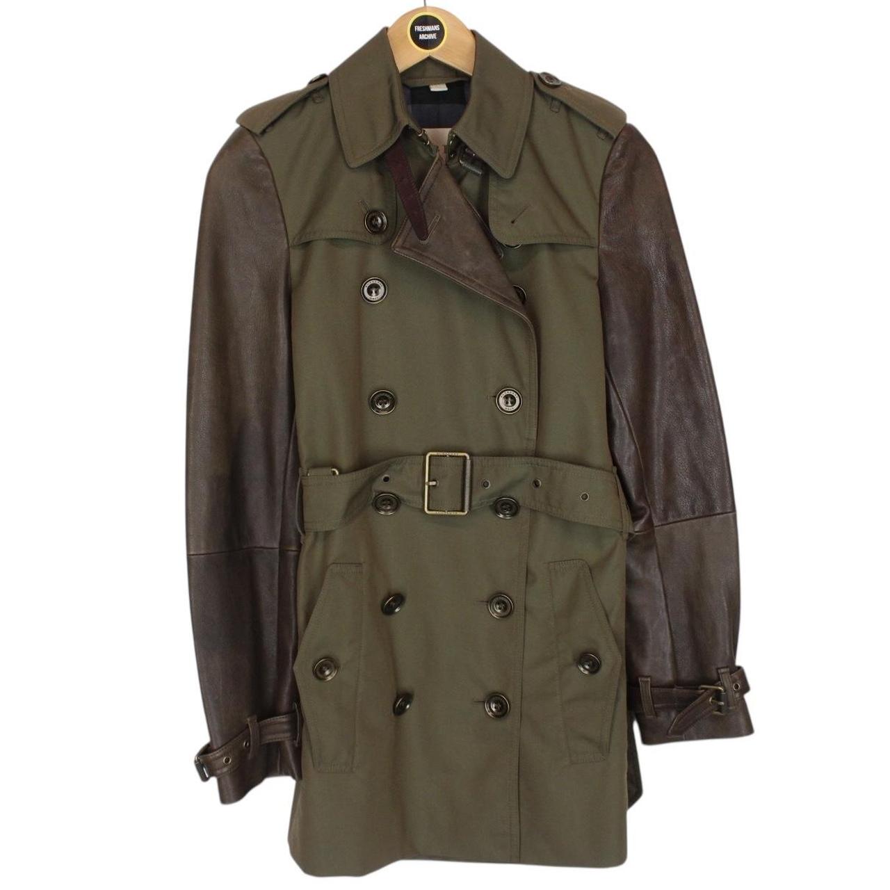 Burberry Brit Khaki Green Double Breasted Belted Leather Sleeve Trench Coat
