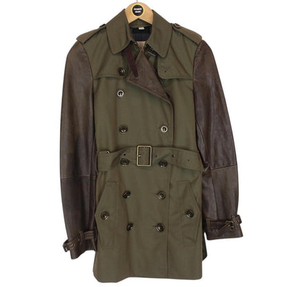Burberry Brit Khaki Green Double Breasted Belted Leather Sleeve Trench Coat