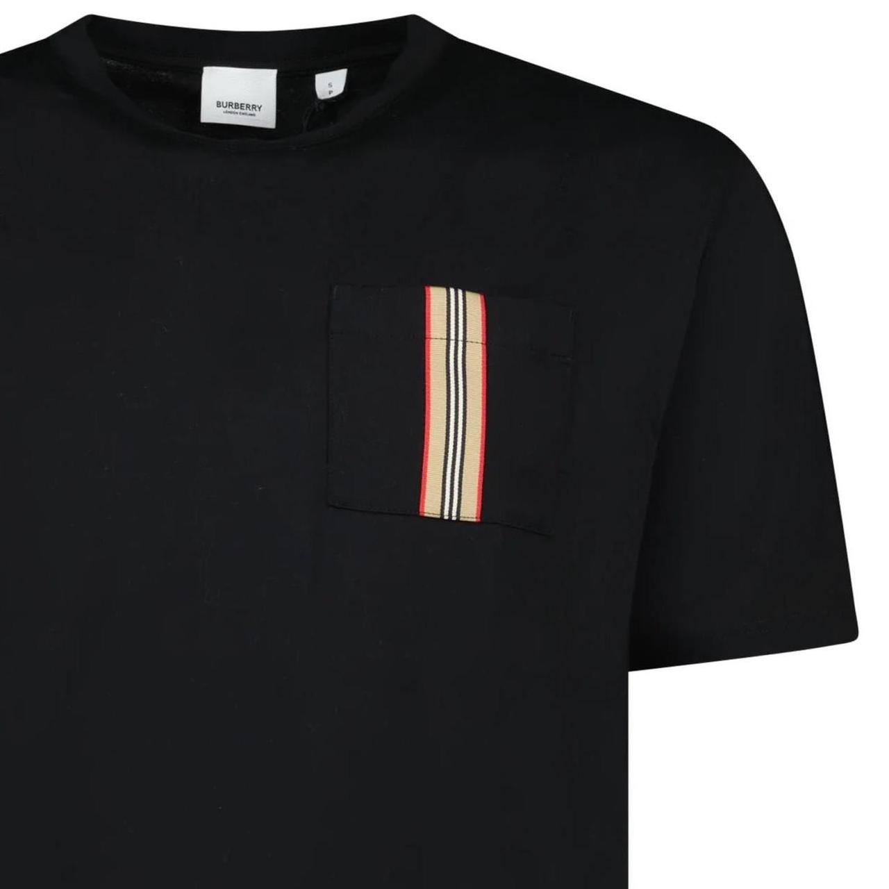 Burberry black pocket t-shirt with embroidered logo and striped detail on sleeve.