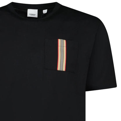 Burberry black pocket t-shirt with embroidered logo and striped detail on sleeve.