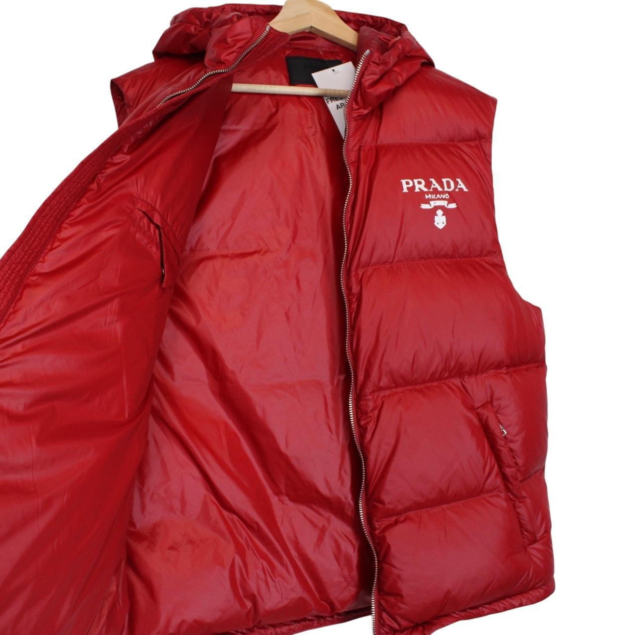 Prada Red Logo Print Down Nylon Hooded Gilet / Bodywarmer
