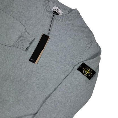 Stone Island grey knit jumper made from organic cotton with logo patch.