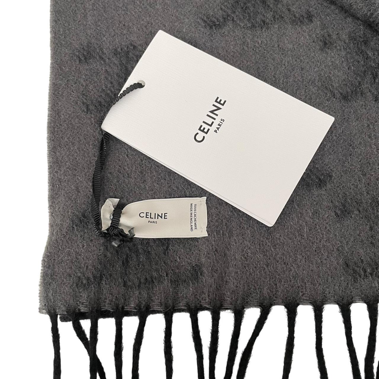 Celine Grey and Black Triomphe Fringed Monogram Cashmere Wool Scarf