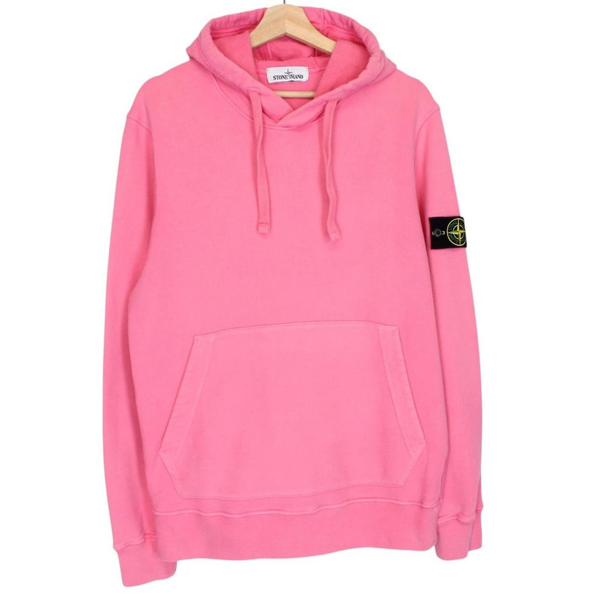 Stone Island pink hoodie jumper with iconic compass logo and soft cotton material.