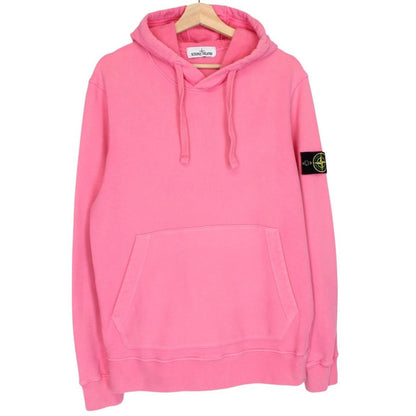 Stone Island pink hoodie jumper with iconic compass logo and soft cotton material.